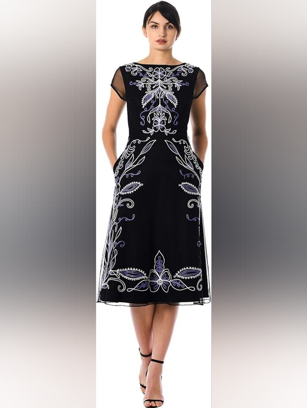 eShakti Filigree Embellished Tulle Overlay Poplin Midi Black Dress
